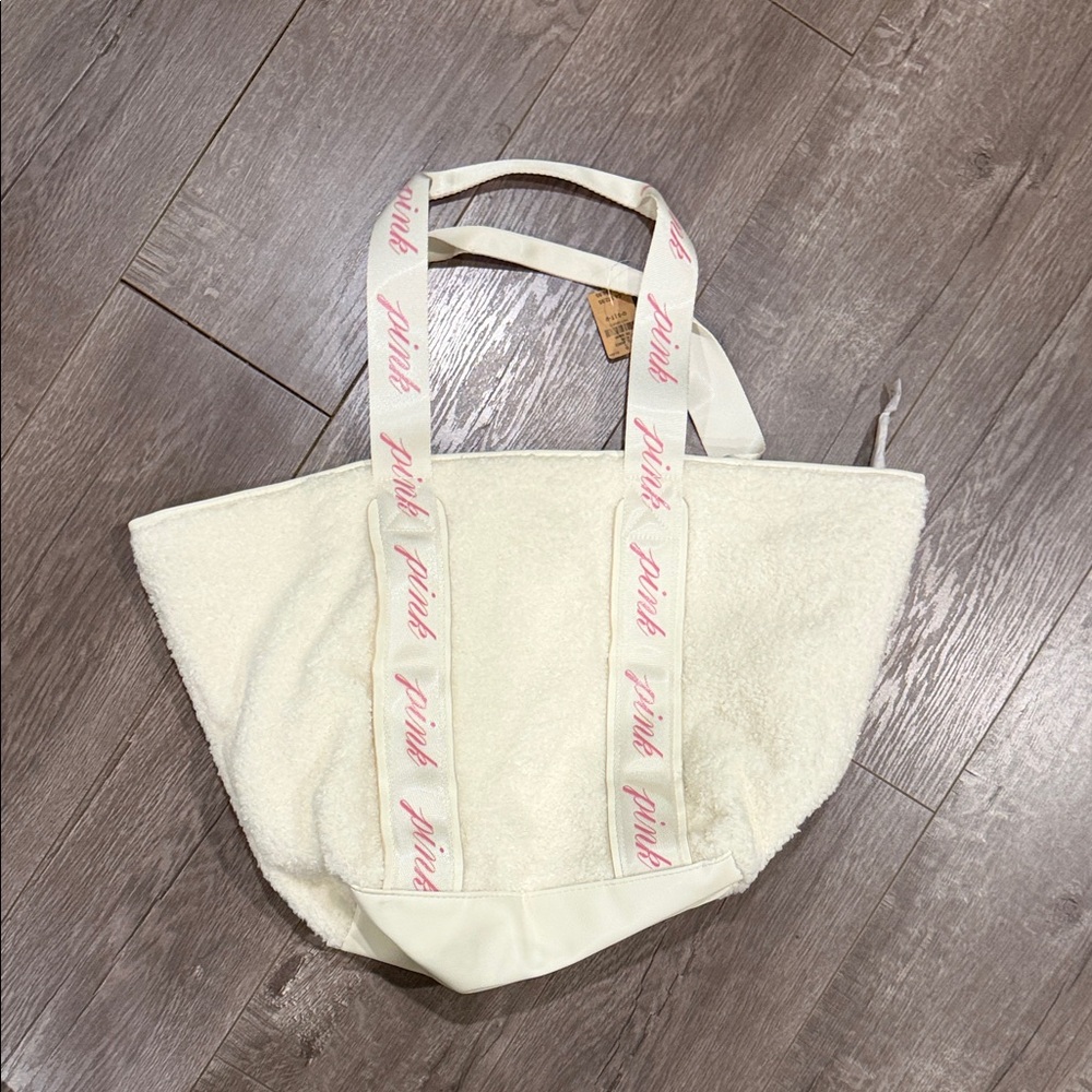 PINK Victoria's Secret White Furry Tote with Pink Straps